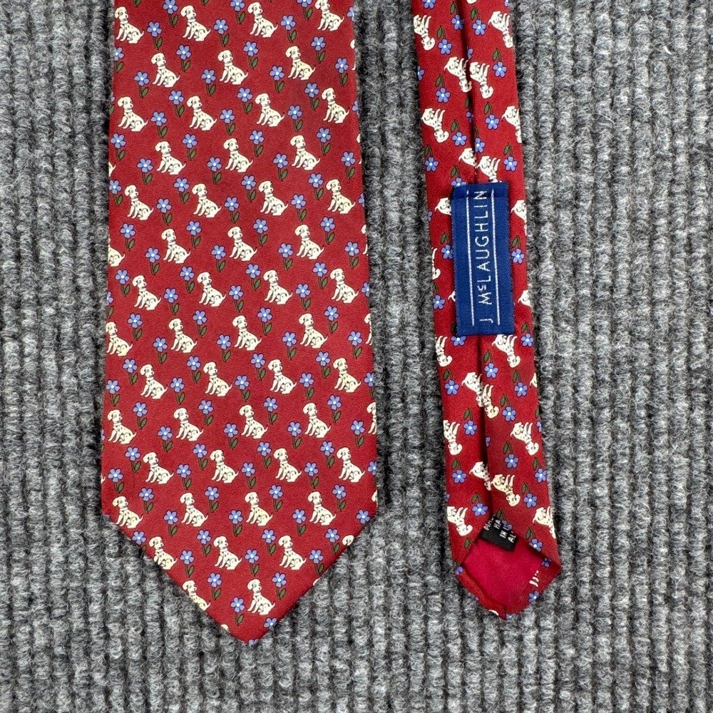 J McLaughlin Italy Silk Tie Red Dalmatian Dog Floral Novelty Necktie USA